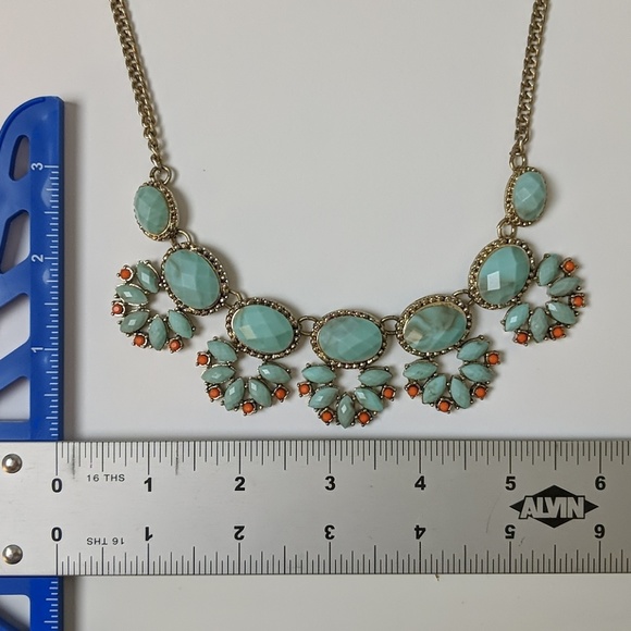 Faux Turquoise Gold Orange Statement Necklace - Picture 4 of 7